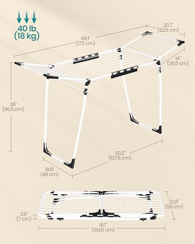 SONGMICS Clothes Drying Rack, 56.5 x 173 x 96.5 cm Winged Clothes Airer, Space-Saving Laundry Drying Rack, with Sock Clips, Metal Structure, for Clothes, Towels, Linens, White LLR518W01 - Image 6