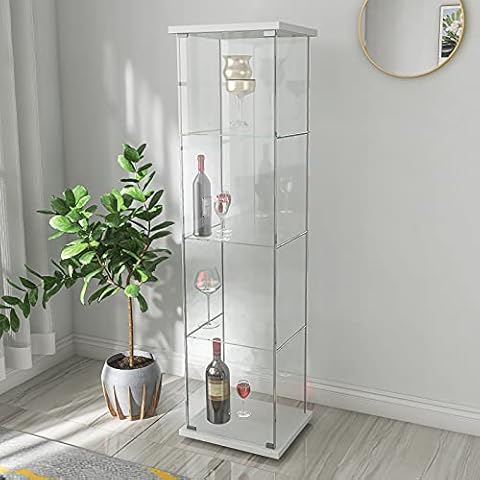 Glass Display Cabinet 4 Shelves with Door, Floor Standing Curio Bookshelf for Living Room Bedroom Office, 64” x 17”x 14.5” (White) Cover