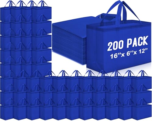 Windyun Reusable Grocery Bags Large Non Woven Shopping Bags with Handles Foldable Portable Tote, 16x6x12 Inch(Royal Blue,200 Pcs)