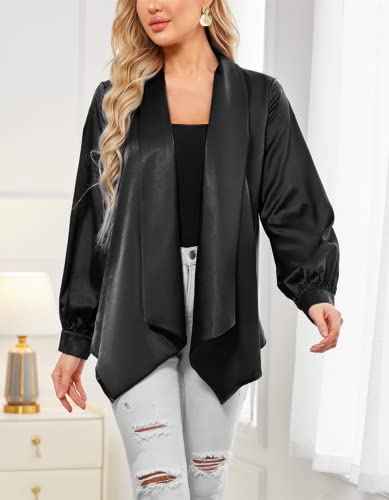 Acevog Women's Satin Blouse Tie Waist Wrap Shirt Belt Silk Blazer Long Sleeve Open Front Ruffle Office Work Cardigan #TOP1