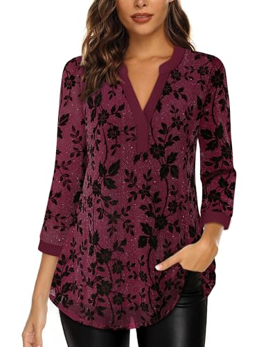 Image of Timeson Women's Short Sleeve V Neck Blouses Shirts Floral Double Layers Mesh Tunics Tops