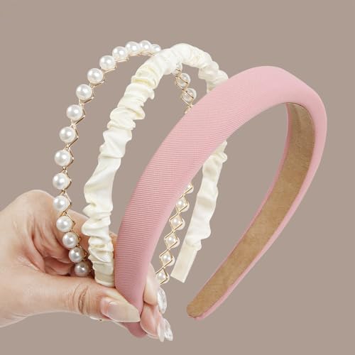 3PCS Pink Head Bands, Fashion Headbands for Women Non Slip Wide Head Bands for Women's Hair Pearl Headband Trendy Padded Headbands Cute Thick Hairband Vintage Women's Headbands Hair Accessories