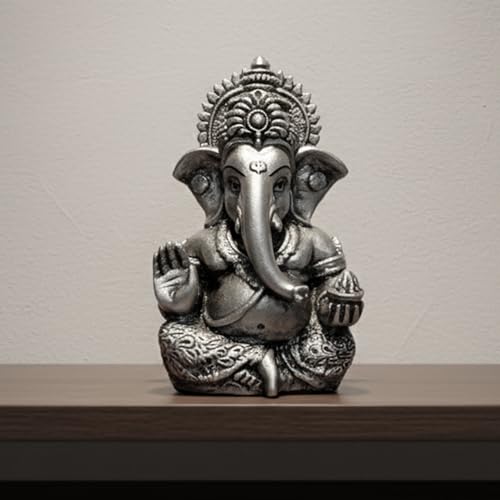 Image of Elegant Resin Ganesha Idol for Home Temple Decor, Lord Ganpati Murti for Pooja Room, Car Dashboard, Gift Item | Color: Metallic