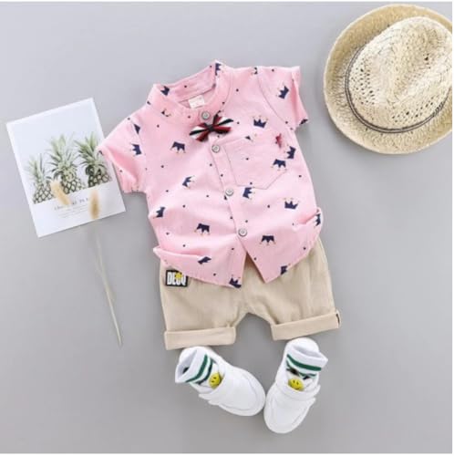 Image of Vikita Enterprise Kid Boy's Hosiery Cotton Blend Printed Cord Set with Mandarin Collar Short Sleeve Shirt and Side Pocket Elastic Waistband Closure Short Pant with Tie