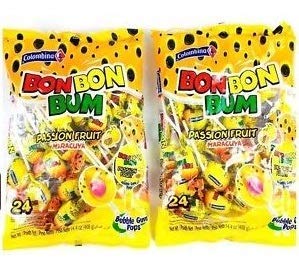 Colombina Bon Bon Bum Lollipops Passion Fruit 24 Lollipops per Bag 2 Pack - SET OF 4