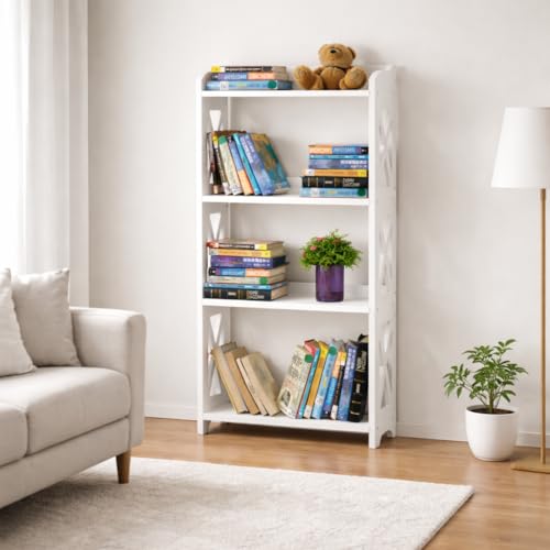Image of White Bookcase by Natural Wood, 4 Tier Bookshelf, Small Book Shelves Freestanding Display Storage Shelves. Open Bookshelf for Bedroom, Living Room and Office (White, 4 Tier)