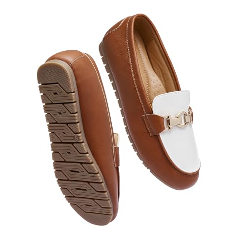 Image of VERDASCO Womens Loafers Casual Slip On Flat Shoes Moccasins Penny Loafers Comfortable Bussiness Dress Shoes Leather Brown White 6