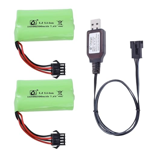 Itexkun 2 Pcs 7.4v 500mah Li-ion Battery SM4P Plug with 7.4v USB Cable for Gel Ball Blaster Electric Ball Water Blaster Gun