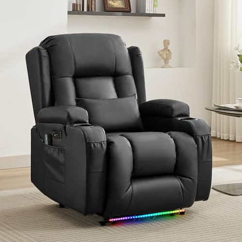 Image of URRED Recliner Chair with Massage and Heat, Power Reclining Sofa Chair Home Theater Seating with LED Ambient Light, USB Ports, Cup Holders, Side Pockets, Faux Leather, Black