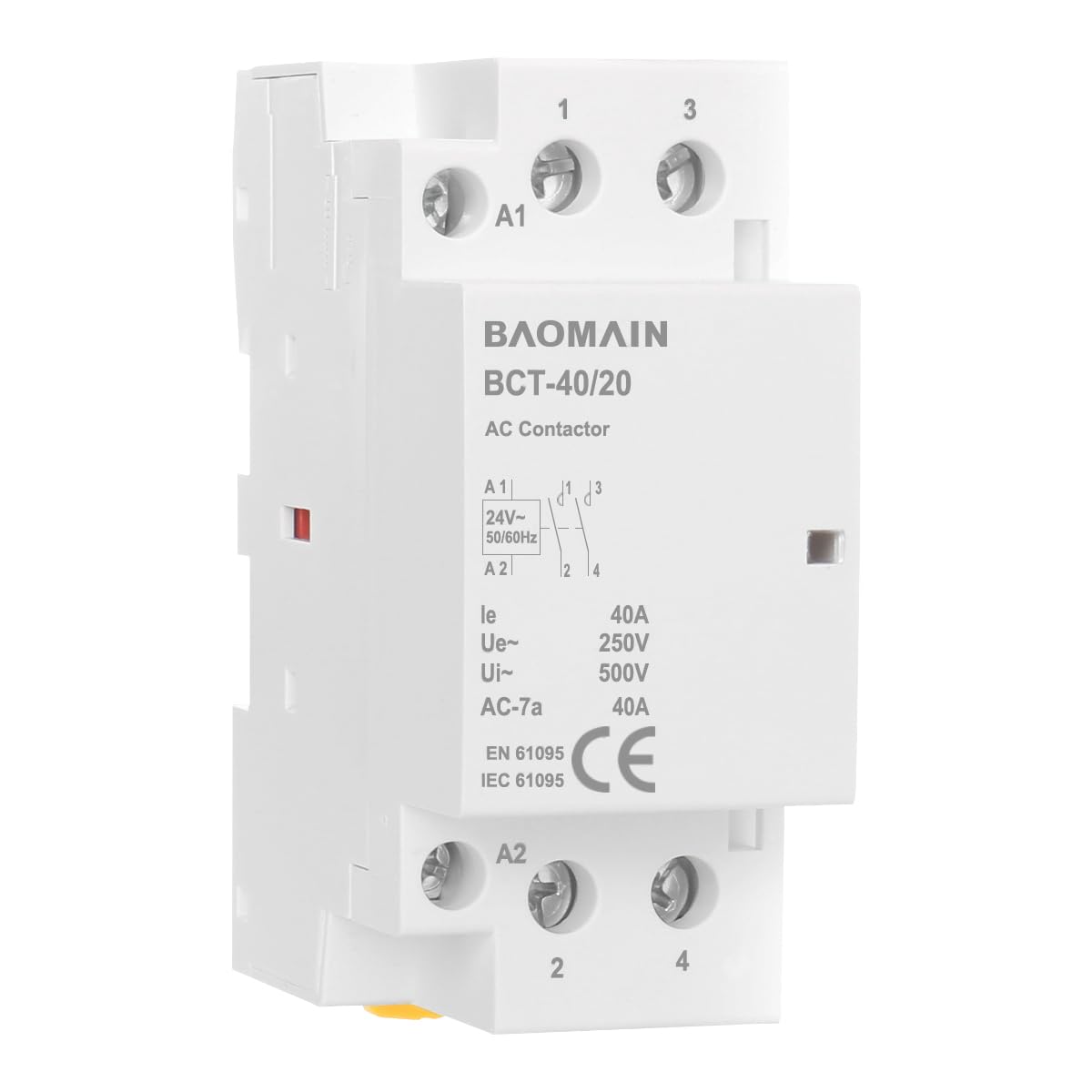Baomain 24V AC 2-Pole Modular Contactor, 40A 2NO Normally Open, DIN Rail Mount for HVAC, Motor, Pump & Lighting Control BCT-40/20-24VAC