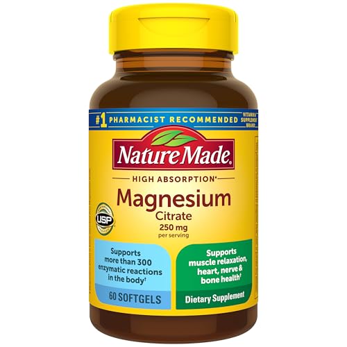 Nature Made Magnesium Citrate 250 mg per serving, Magnesium Supplements for Men and Women, Supports Muscle, Nerve, Bone and Heart, 60 Softgels, 30 Day Supply