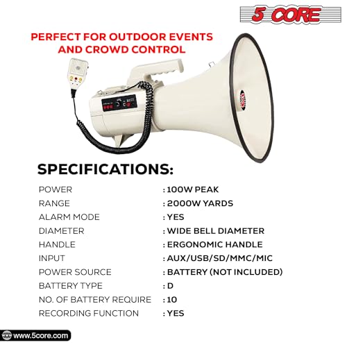 5Core Megaphone Bullhorn Speaker 100W Professional Bull Horn Battery Power Cheer Megafono 2000 Ft Range Loudspeaker W Siren Recording Ergonomic Handle for Coaches Football Baseball - 3501 USB