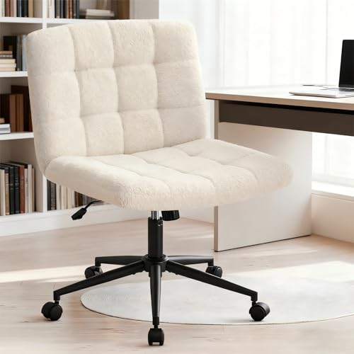 Hellove Chaise De Bureau à roulettes, Chaise de Bureau à Assise Large avec Dossier, Chaise Entrecroisée en Tissu Sherpa Doux, Hauteur Réglable pour Le Bureau ou Le Salon, Beige
