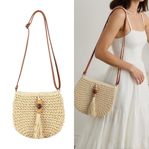 Women's Handmade Woven Straw Bag For Beach Travel And Casual Crossbody Purse Shoulder Bags With Tassels2
