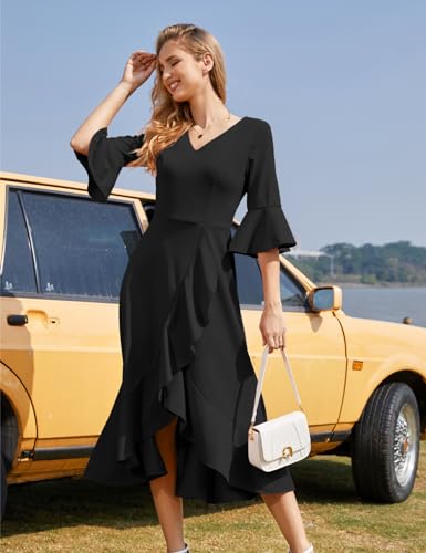 HomRain Black Dress for Women Funeral, Bell Sleeve Semi Formal Wedding Guest Dress, Elegant Evening Gowns for Cocktail Graduation Black XL — view 2