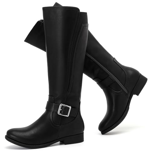 Women's Slouchy Knee High Boots Comfortable Wide Calf Platform Flat Tall Boot Stylish Round Toe Fall Winter Casual Boots for Women. 10 Black Pu 281
