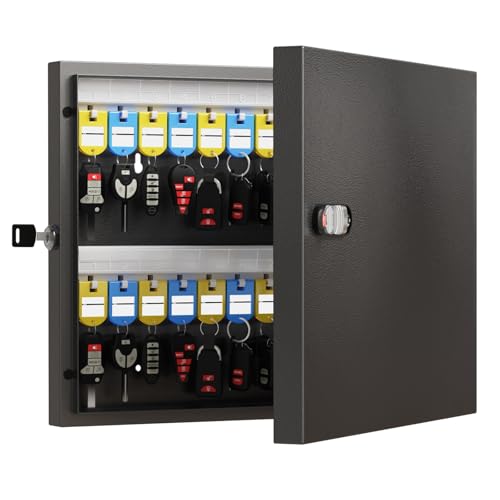 WeHere 48 Key Lock Box with Dual Lock, Combination & Key Unlock, Key Cabinet Wall Mount with Tag Label, Key Holder Storage Lockbox for Store, Office, Company, House, App Key Directory ERP