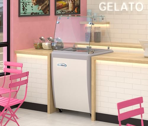 KoolMore KM-GDC-49SD-FG Commercial Gelato Dipping Cabinet with Protective Sneeze Guard, Clear Display Case with a Large 9-Pan Capacity, Rolling Wheels and Lockable Breaks, 12.7 Cu. Ft