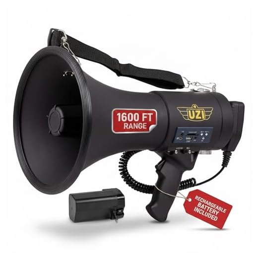 UZI High Power Loud Big Megaphone 50W, Real Siren, Bullhorn, Rechargeable Battery, Portable Professional Speaker, PA System, Adjustable Volume, Outdoor Activities, Coaching, Football, Baseball, Hockey