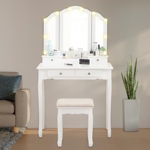 Makeup Vanity with Lights, Vanity Desk with Cushioned Stool, Tri-fold Vanity Table Set with 4 Drawers, 3 Adjustable Light Modes, 2 Brush Slots, 2 Open Compartments for Girls, Women, White