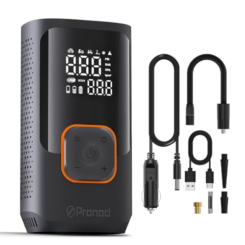Image of Pronod Portable Tyre Inflator for Car and Bike | Tyre Inflator Kit Works |LED Display, 150 PSI, 4000 Mah Battery, Fast Inflation Pressure Detection air Pump Compressor for Cycles, Balls -12m Warranty