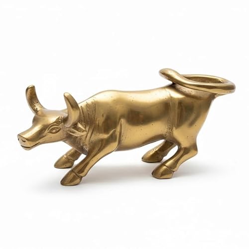 Brass Charging Bull Statue, Vastu Feng Shui Remedy for Wealth and Prosperity, Solid Brass with Golden Finish, 14x10x10 cm, Office Desk Showpiece