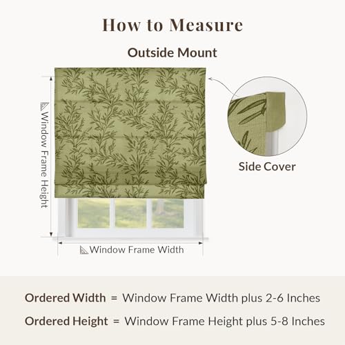 Image of TWOPAGES No Drill Cordless Vintage Leaf Print Roman Shades Linen Textured Roman Blinds for Windows, Custom Made Room Darkening Light Filtering Roman Window Shades, Jade, 1 Piece