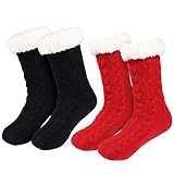 Tacobear 2 Pares Invierno Calcetines Mujer Calcetines Zapatillas Casa Calcetines Antideslizantes Cálido Calcetines con suela Gruesos Lana Zapatilla Calcetin de Piso para Mujer Niña (egro + rojo)