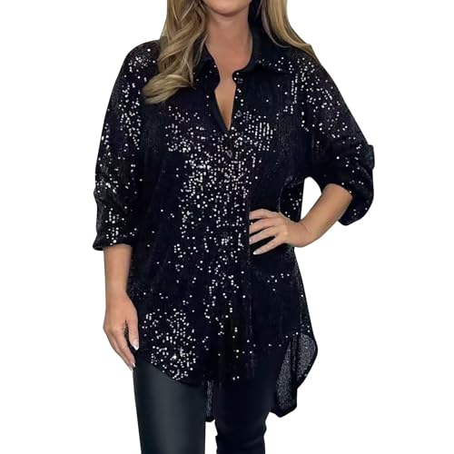 Tee-shirt Femme Élégant Paillettes grande taille Manches Longues T-shirts Brillantins Cérémonie Chemise Argent Cardigan tshirt Curvy Strass T Shirt Nouvel An...