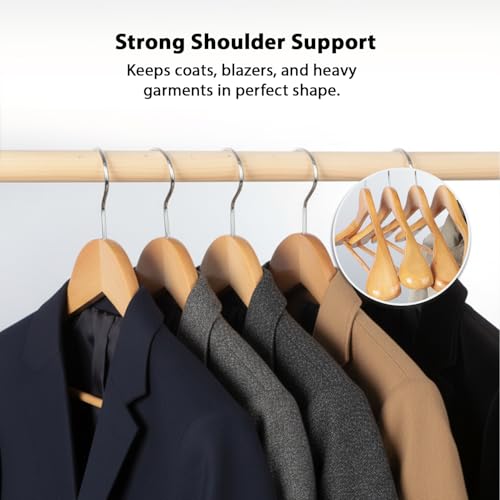 Image of Amazon Basics Wooden Hangers - Broad Shoulder, Natural Wooden Color, Glossy Finish, Pant Bar, 360 Hook, 5kg Capacity, Pack of 6 (Size: 44.5L x 23H x 5.5W cm)