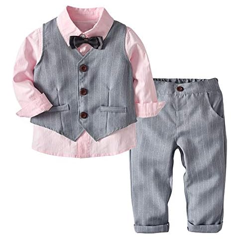 Boys Clothing Sets, SHOBDW 4PCS Toddler Baby Girls Gentleman Party Wedding Bowtie Vest T-Shirt + Pants Suit Autumnal Clothes Outfits Gifts (4-5 Years, Pink) Cover