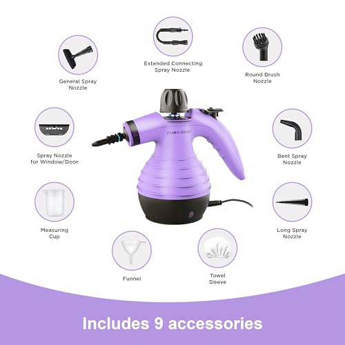 Comforday Multi-Purpose Handheld Pressurized Steam Cleaner with 9-Piece Accessories, Handheld Steamer Perfect for Stain Removal, Curtains, Car Seats, Floor, Bathroom, Window Cleaning (Purple)