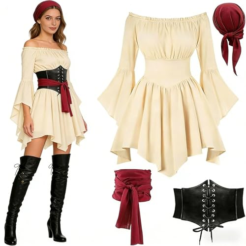 Genérico Disfraz de Pirata para Mujer Con Cinturón de Corsé Bufanda Volantes Abullonados Vestido sin Hombros Mangas Largas Gasa Vestidos con Integrados Elegante Pirata Vestido para Carnaval