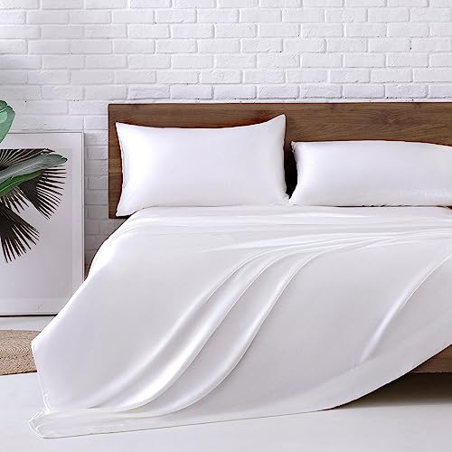 Image of MR&HM Satin Bed Sheets, Twin Size Sheets Set, 3 Pcs Silky Bedding Set with 15 Inches Deep Pocket for Mattress (Twin, White)