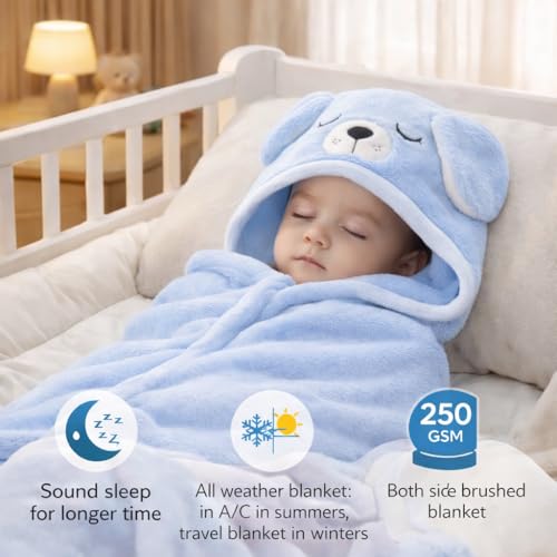 Image of BRANDONN Baby Blankets New Born Pack of Hooded Wrapper Blanket Or Baby Bath Towel (Sky Blue Dog, 0-12 Months, 75 cm x 75 cm)