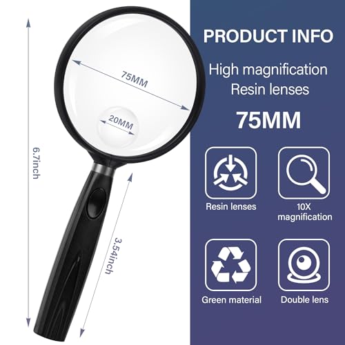 Image of Feosky Handheld Reading Magnifier, 10X Magnifier, 75mm Shatterproof Lens, Non-Slip Handle for Adults Close Work, Seniors Reading and Nature Exploration, Hobby Observation (Black)