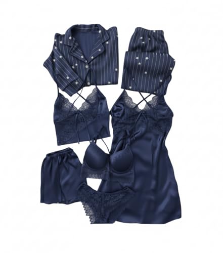 Image of Valentine's Day Fancy Night Suit Bath Robe Dress & Bra Penty Set Combo for Women's Pack of 7 Pcs Nightwear Lingerie Silk Wedding Set Gifts Lace Nightsuit Set (Free Size) Navy Blue
