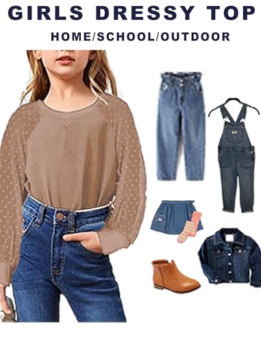 Image of Yekaty Girls Shirts Casual Solid Color Crewneck Blouses Soft Long Sleeve Swiss Dots Chiffon Tops