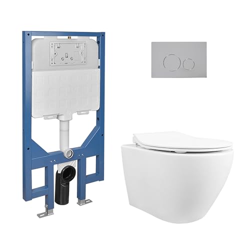 Deer Valley Wall Hung Toilet Combo Set, Wall Mounted Toilet, Concealed In-Wall Toilet Tank Carrier System, 1.1GPF/1.6 GPF Dual Flush, Push Buttons Included, White (2 Packages Separately)