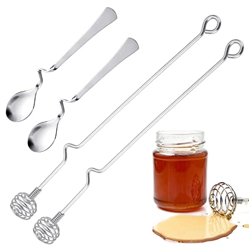 INHEMING 4Pcs Jam Spoons, Honey and Syrup Dipper Long Handle,Stainless Steel Honey Sticks with Hook,Honey Spoon Stirrer Mixing Tool,for Honey Jam Jar Dispense - Silver