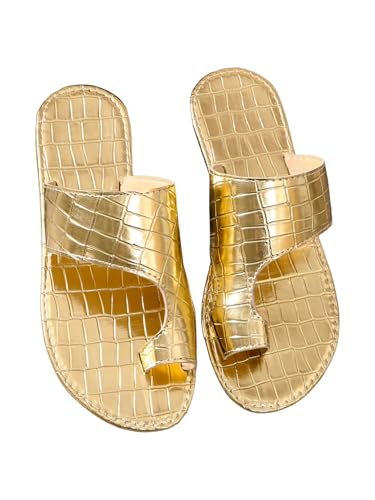 GORGLITTER Women's Gold Metallic Cut Out Flat Sandals Dressy Toe Ring Vacation Slides Flip Flops
