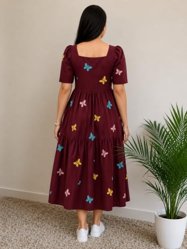 Image of Women's Rayon A-Line Midi Dress, Floral Print, Short Sleeves, Tiered Design, Round Neck, for Summer Wear