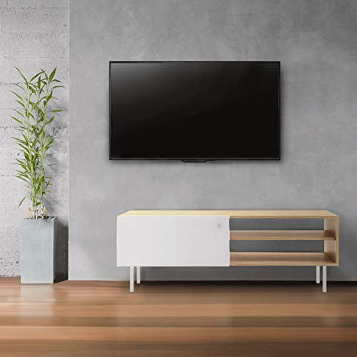Mc Haus ODEIL- Mueble TV madera Natural salón, Diseño estilo Nórdico Mesa Televisión Comedor con 1 puerta, 2 compartimentos de Almacenaje y patas de madera 110x35x40cm