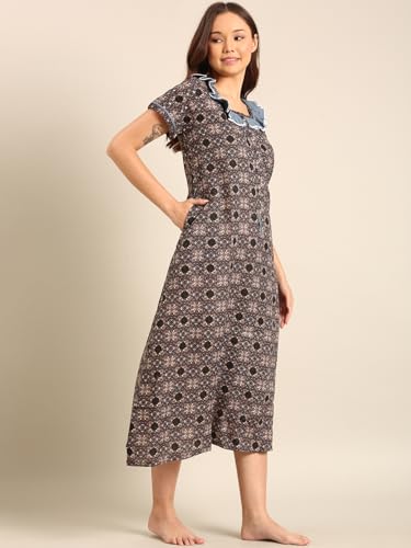 Image of Rupa Jon Aishwarya Women Full Length Printed Nighty in Premium Cotton Blend Fabric, Night Dress, Maxi Nighty for Comfortable Everyday Wear