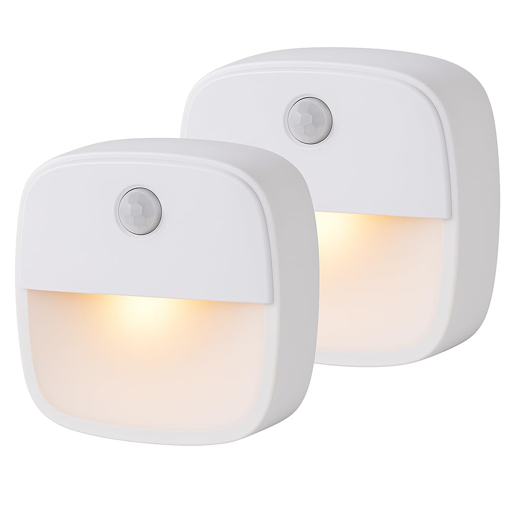 Marco Paul 2 Pack Motion Sensor Night Lights - Twin Set of LED Motion Lights with 2 Bright Bulbs Each, 50 Lumens, Auto On/Off Battery Powered ABS - Stick-On or Hang for Bedrooms, Cupboards & Hallways