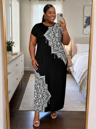 Image of Plus Size Maxi Dress for Women Short Sleeve V Neck Casual Loose Sundress with Pockets