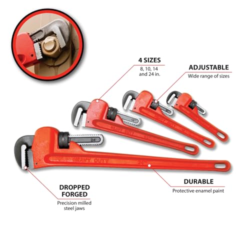 Image of Performance Tool W1136 4-Piece Pipe Wrench Set, 8, 10, 14, 24 in.