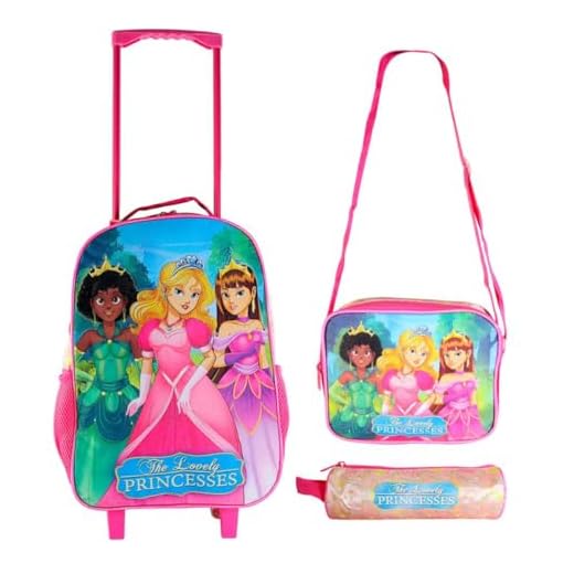 Kit Mochila Infantil Princesas Escolar Conjunto mochila de Rodinhas Silenciosas + Lancheira Térmica Alças Ajustáveis Impermeável + Estojo para Menina 3 princesas Reforçada rosa 3 peças