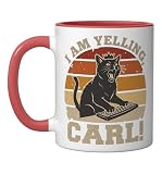 I Am Yelling Carl Funny Cat Meme Sunset Vintage Fan Art Ceramic Mug, Red/White