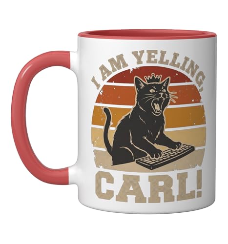 I Am Yelling Carl Funny Cat Meme Sunset Vintage Fan Art Ceramic Mug, Red/White